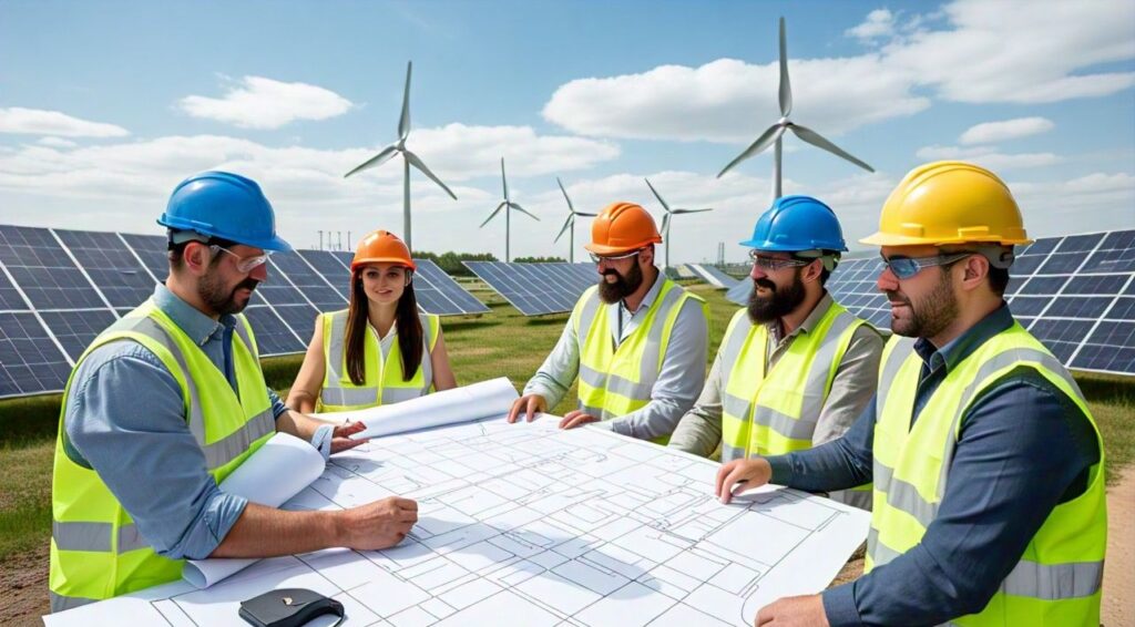 Vista de un parque solar y un parque eólico junto a instalaciones de hidrógeno verde